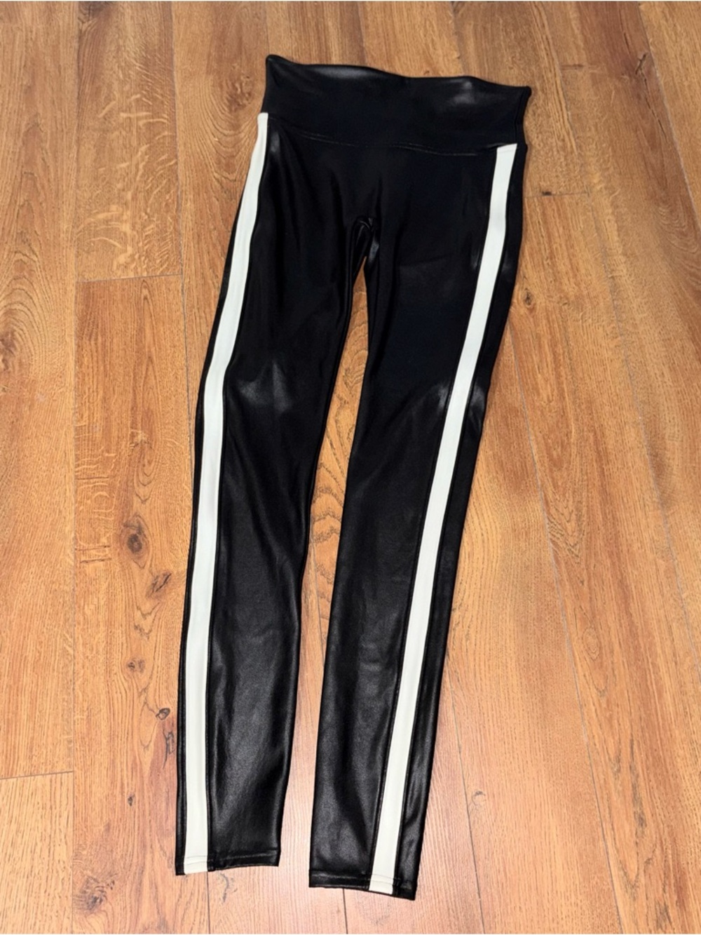 Spanx Faux Leather Leggings Black White Stripe High Rise Athleisure Sleek Small